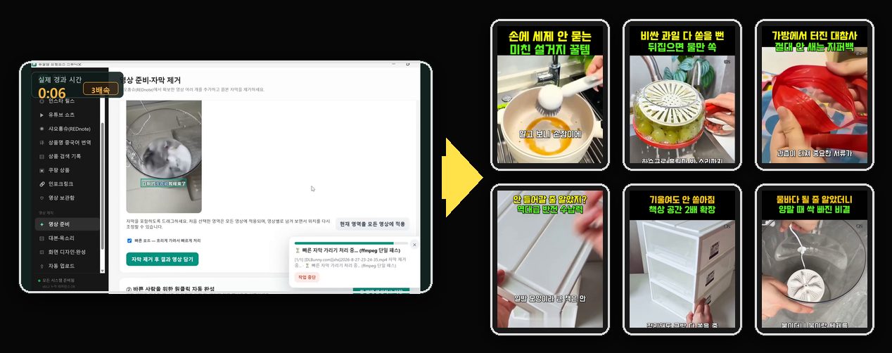 프로그램에서 클릭 한 번으로 쇼핑쇼츠 영상이 완성되는 화면